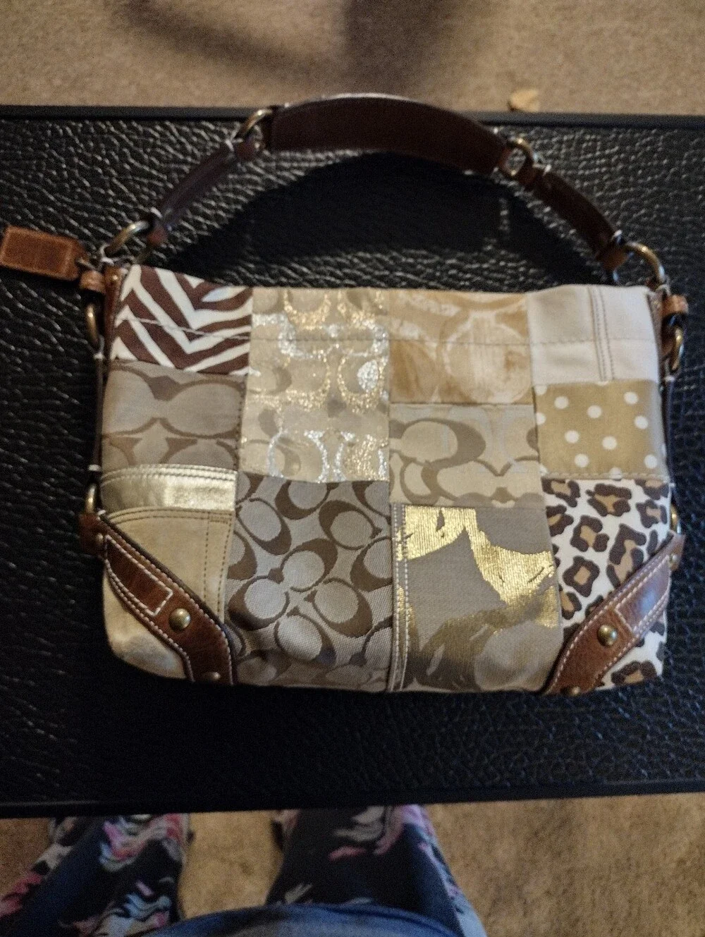 Vintage Coach Carly 10814 Tan, Gold Patchwork Hobo Shoulder Bag with Hangtag